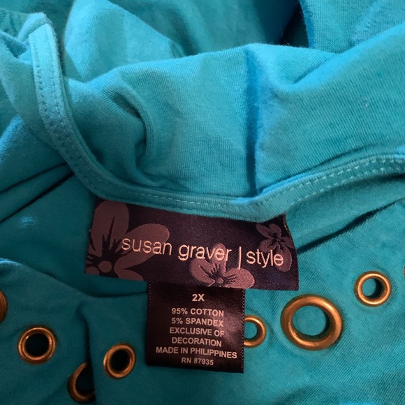 Susan Graver Turquoise Long Sleeve w/ Gold Peekaboo Circles in the Neckline - Picture 2 of 2